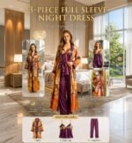 Peacock Premium 3-Piece Full Sleeve Satin Night Dress Set for Women - Image 2