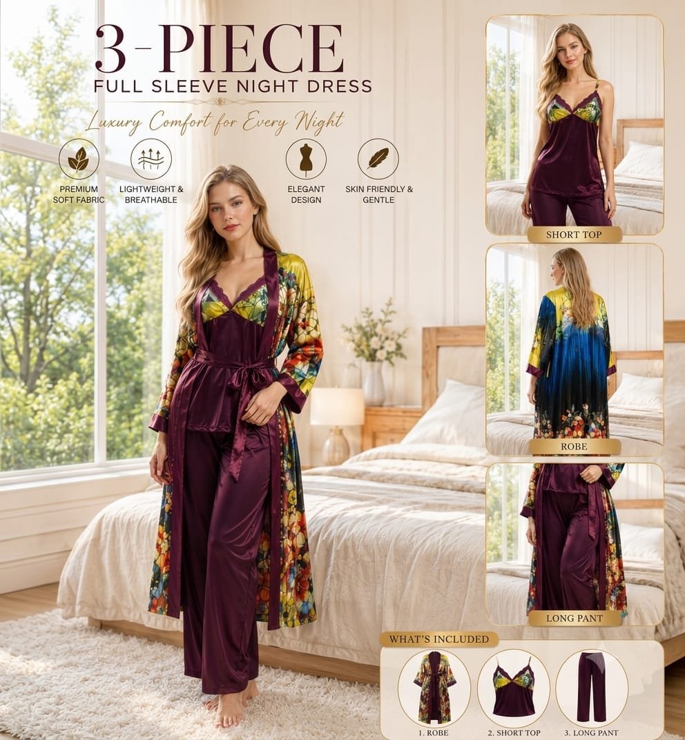 WhatsApp Image 2026-07-27 at 11.10.43 AM Peacock Premium 3-Piece Full Sleeve Satin Night Dress Set for Women - Image 1
